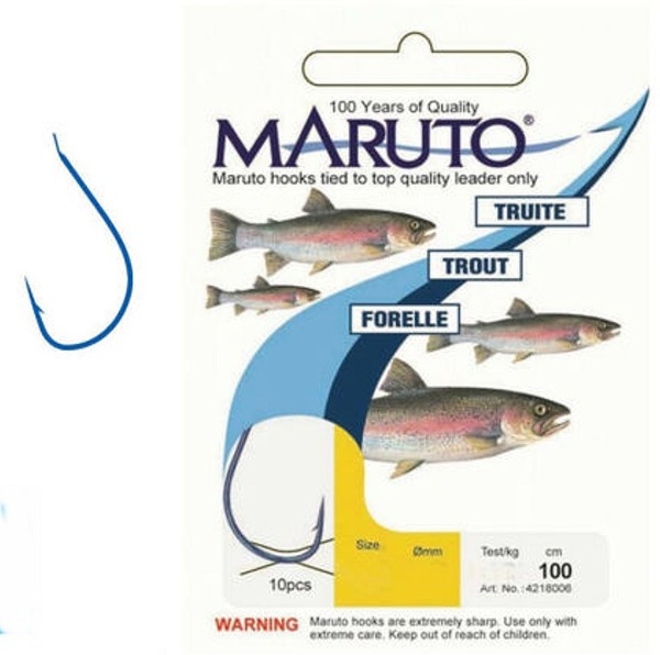 Maruto Forellenhaken gebunden blau, Angelhaken mit Vorfachlänge 100 cm