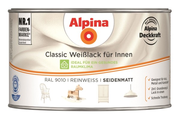 Alpina Classic Weißlack für Innen Reinweiß (RAL 9010) seidenmatt 300 ml